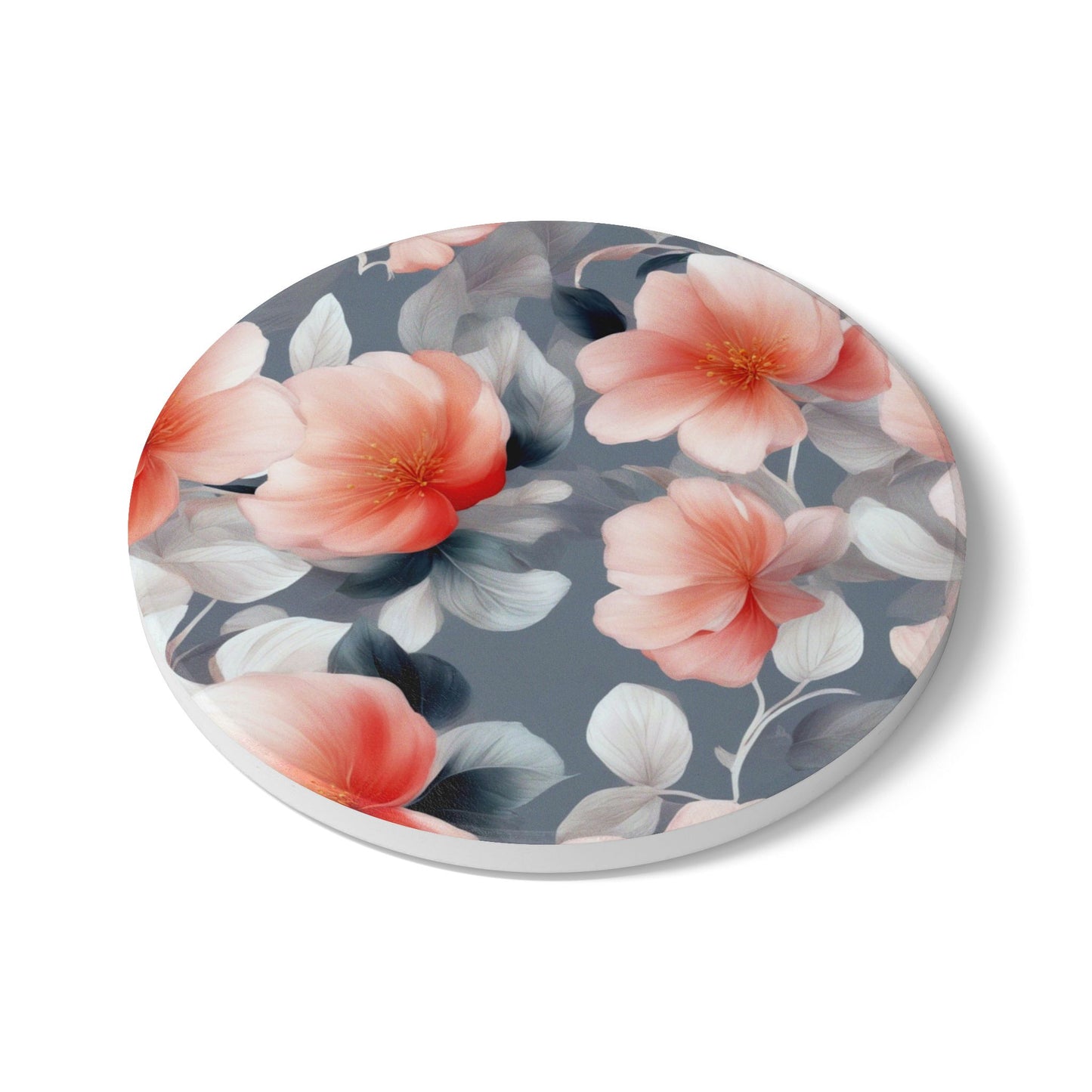 Red Blossom Floral Bunch Round Ceramic Coaster, 4" x 4"