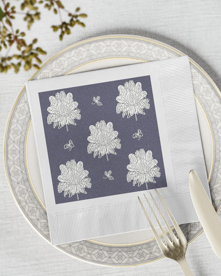 White Floral Butterflies White Coined Napkins, 6.5" x 6.5"