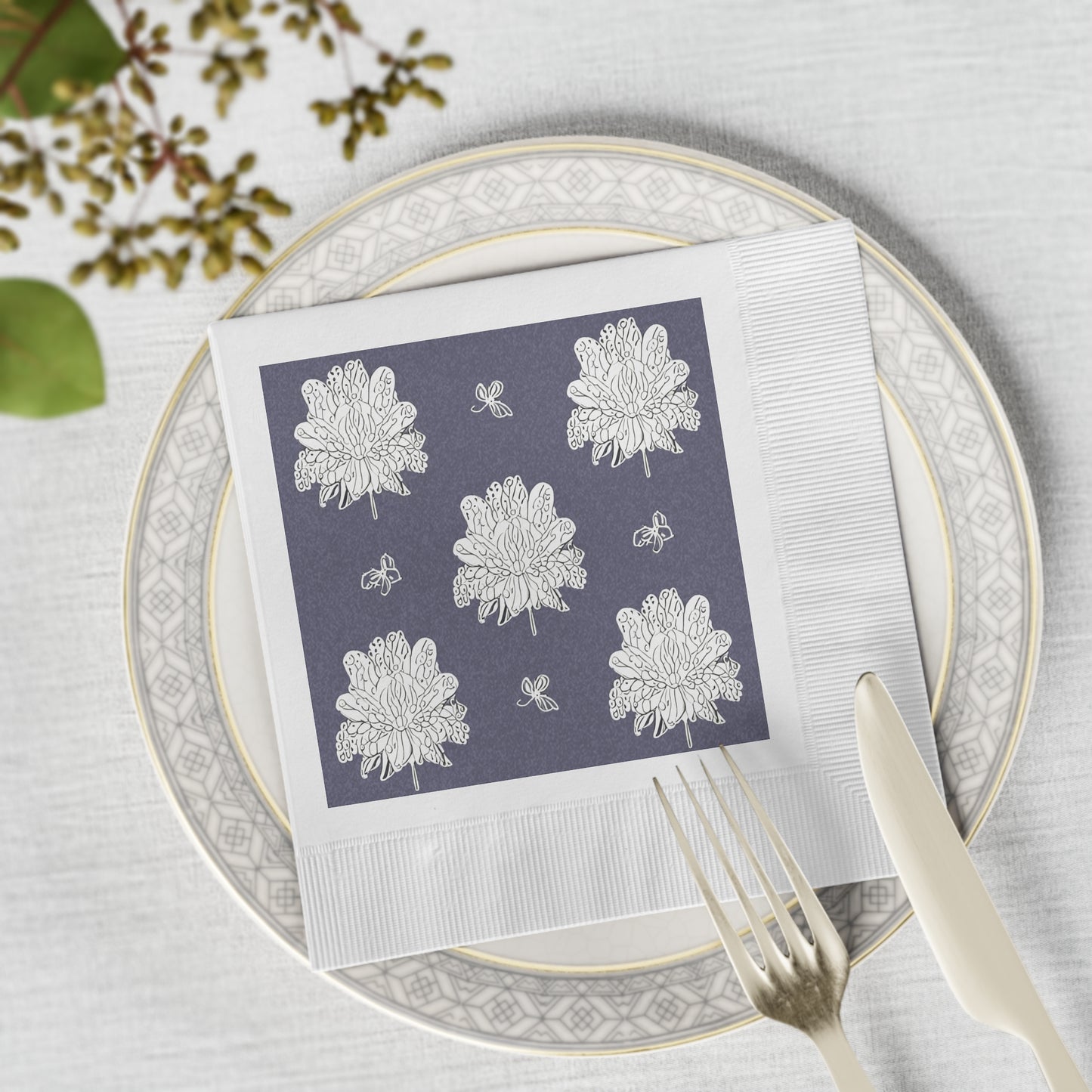 White Floral Butterflies White Coined Napkins, 6.5" x 6.5"