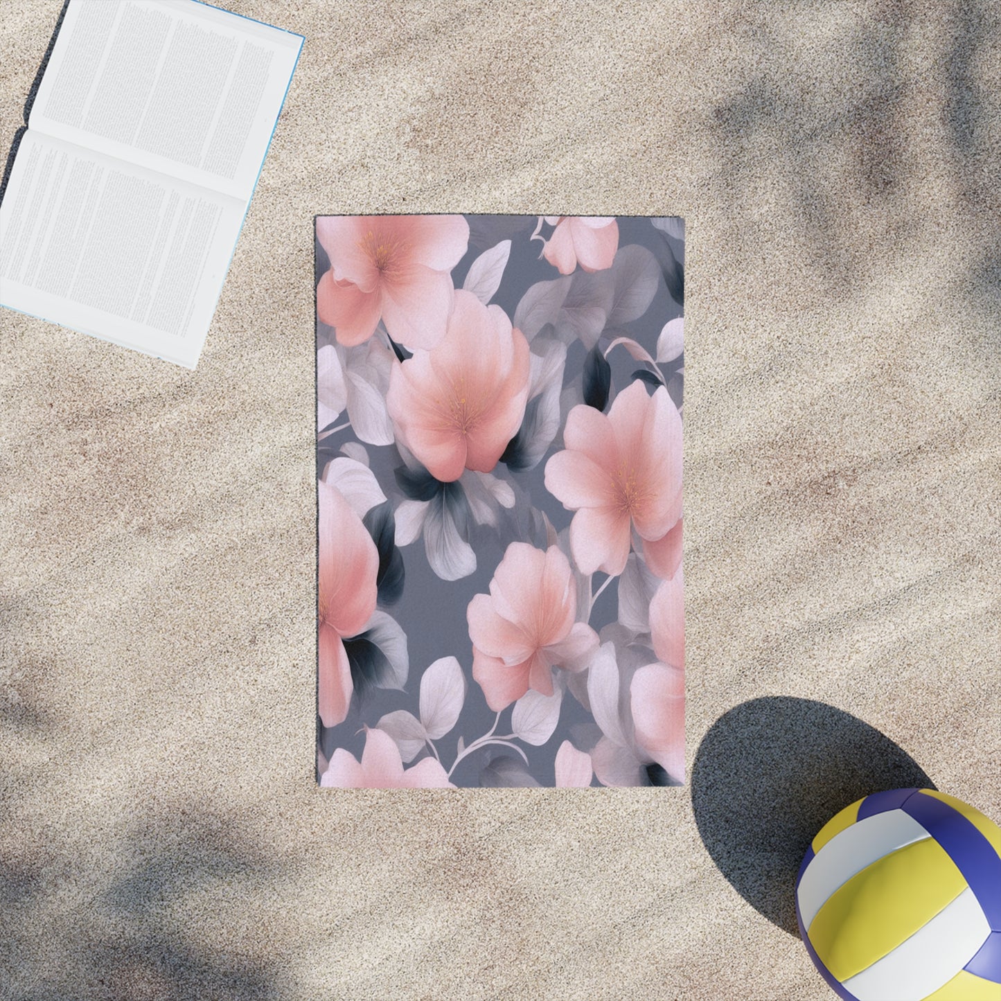 Peach and Blue Gray Floral Bunch Beach Towel, 18" x 27"