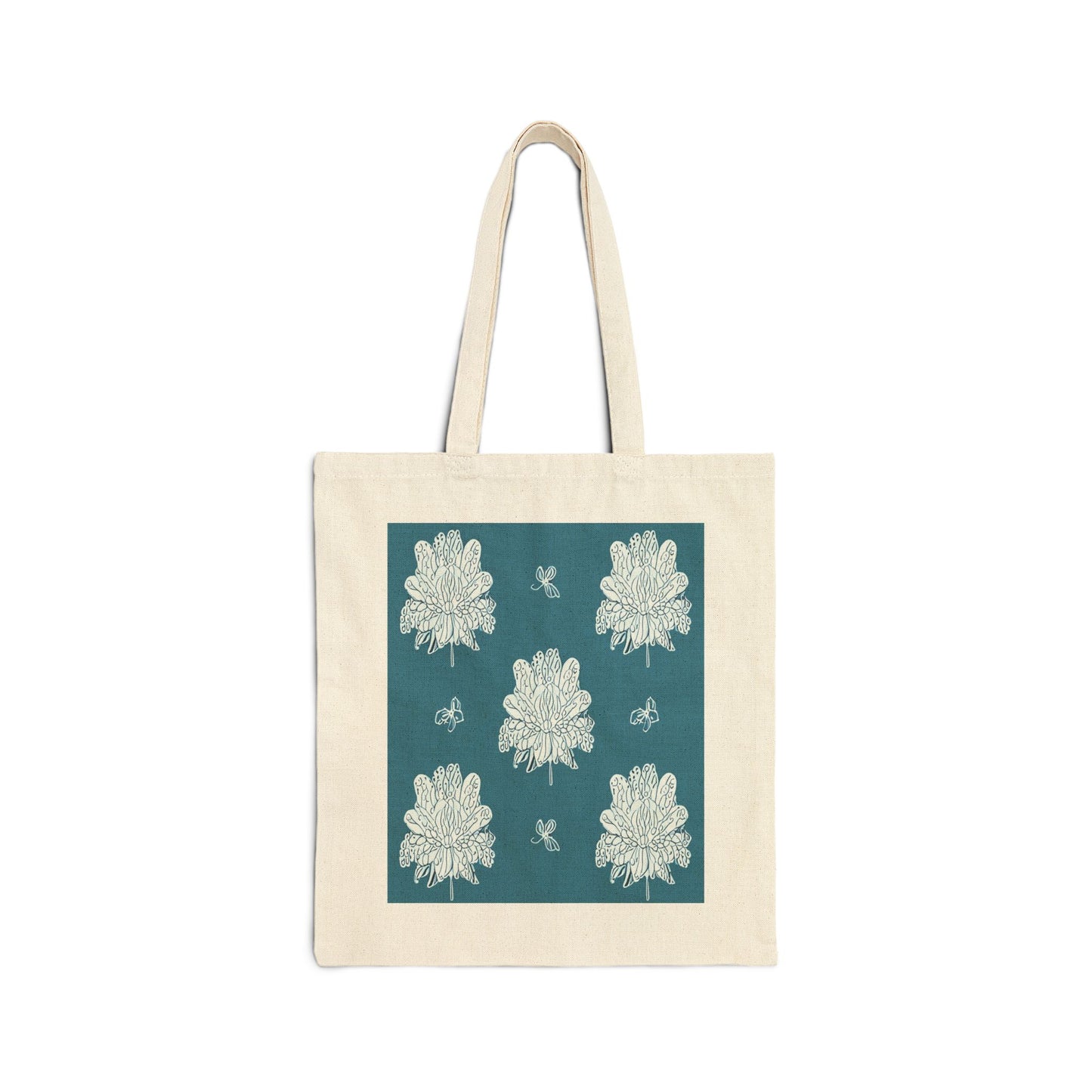 Tif Green White Floral Butterflies Cotton Canvas Tote Bag