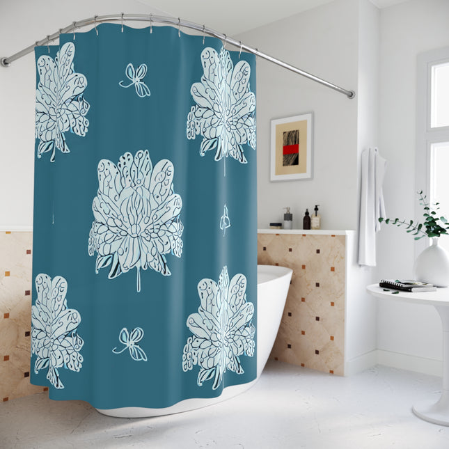 Tif Green White Floral Butterflies Shower Curtain, 71" x 74"