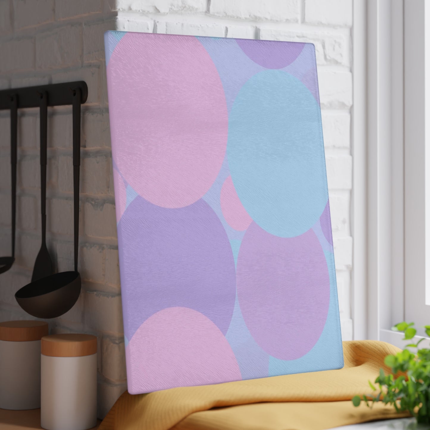 Pastel Purple and Mauve Patches 11" x 15" Glass Cutting Board
