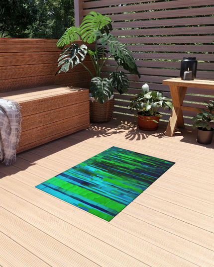 Striped Blue Green Outdoor Rug, 24" x 36"