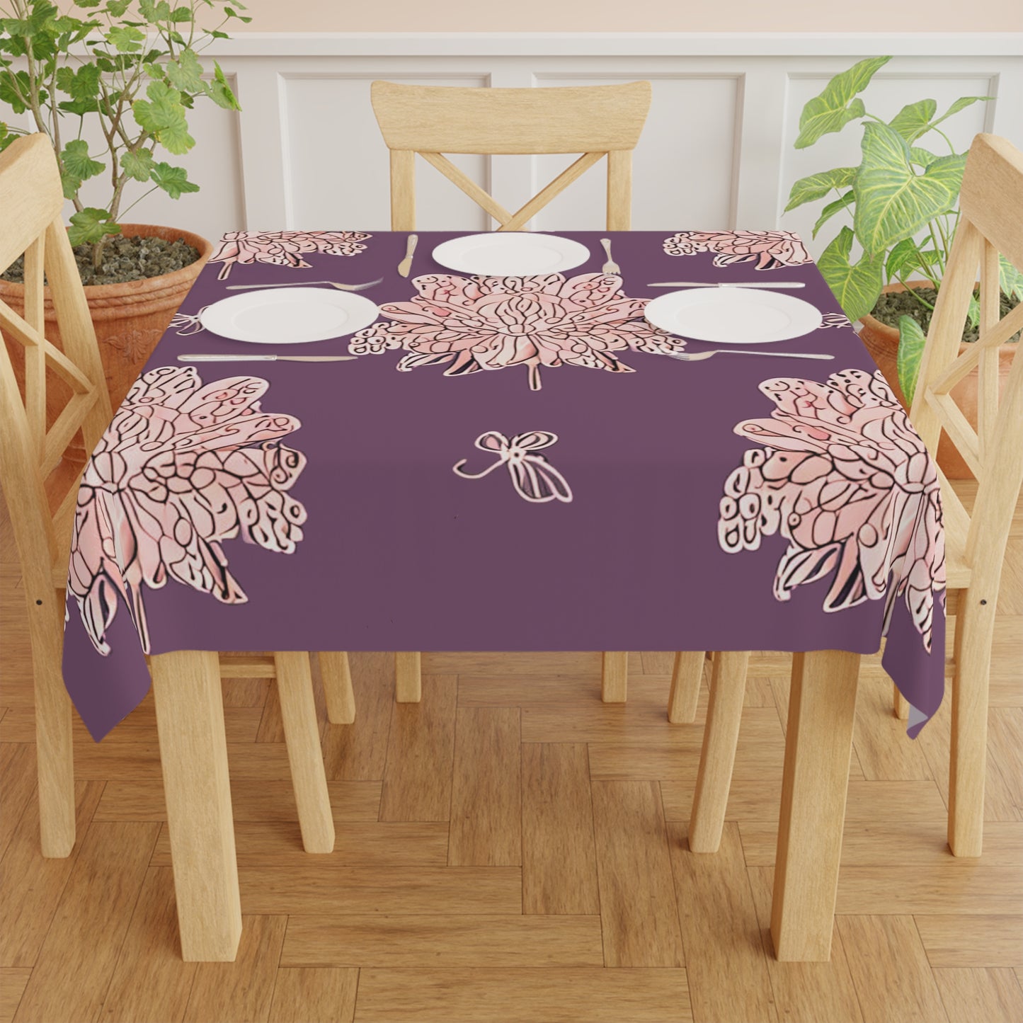 Pink Floral Butterflies Tablecloth, 55" x 55"