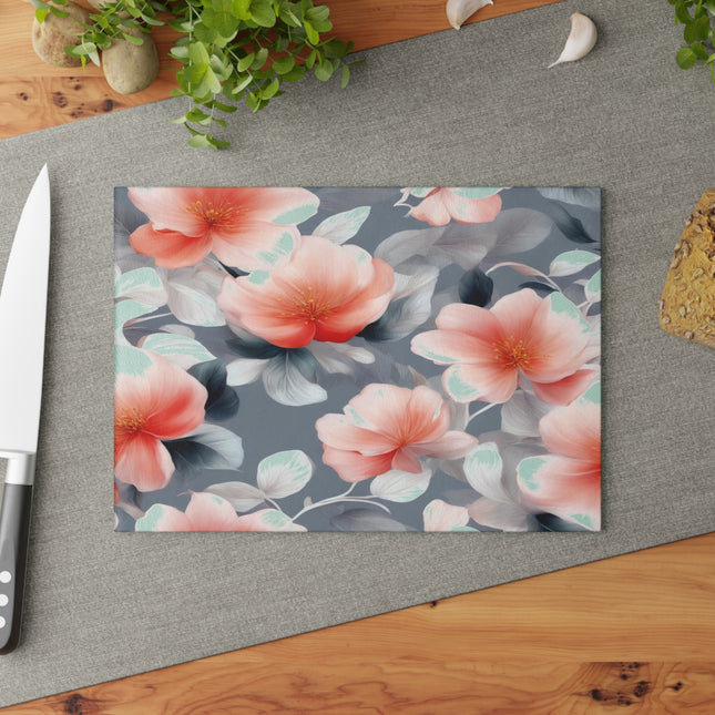 Red Blossom Floral Bunch Glass Cutting Board, 8" x 11"