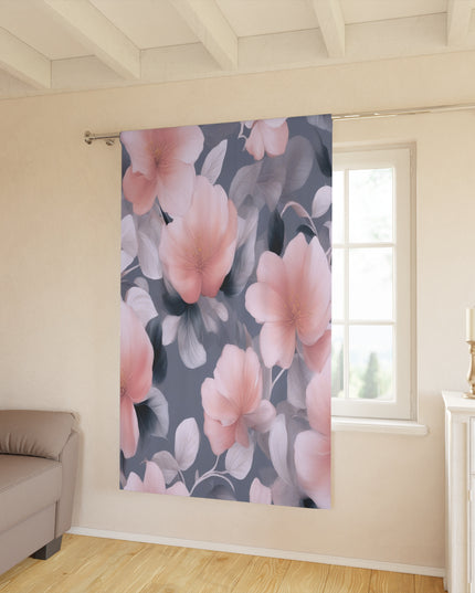 Peach and Blue Gray Floral Bunch Window Curtain, 50" x  84", blackout