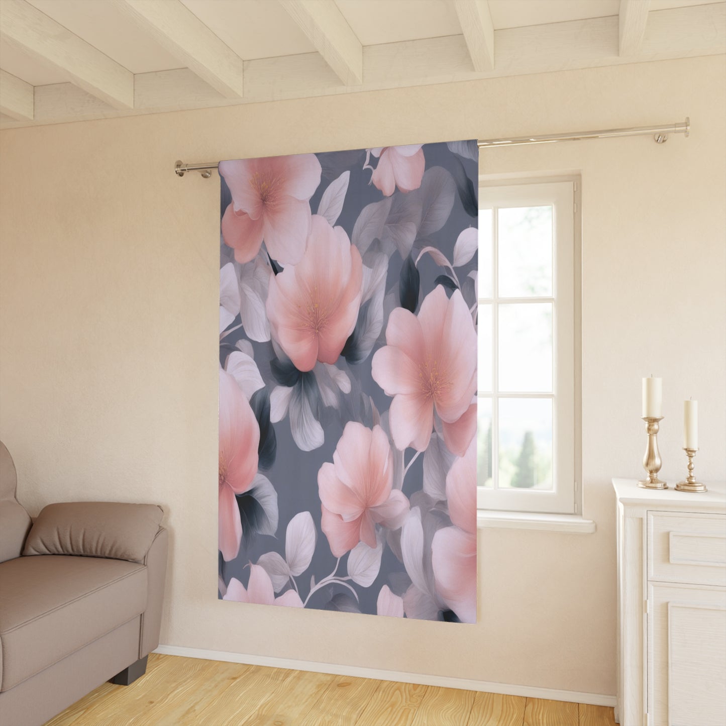Peach and Blue Gray Floral Bunch Window Curtain, 50" x  84", blackout