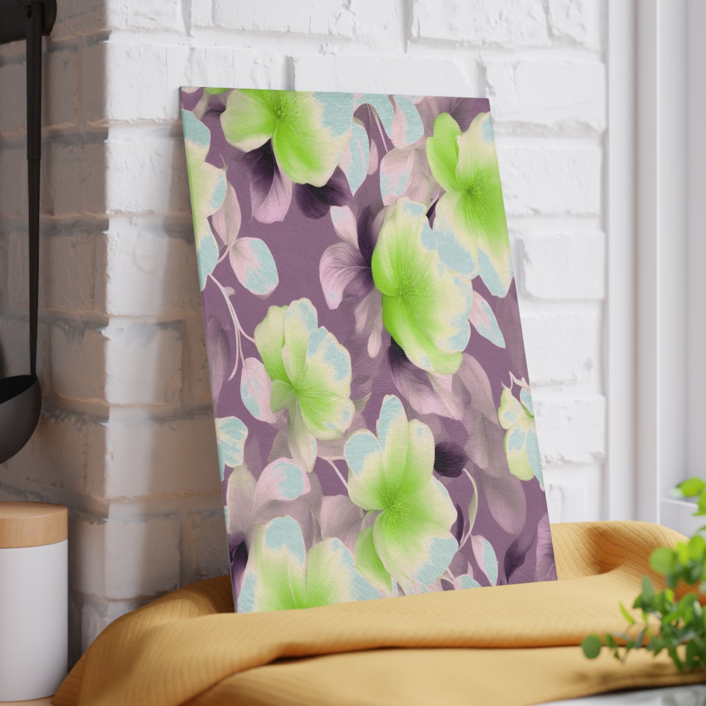 Lime Lavender Floral Bunch Glass Cutting Board, 8" x 11"