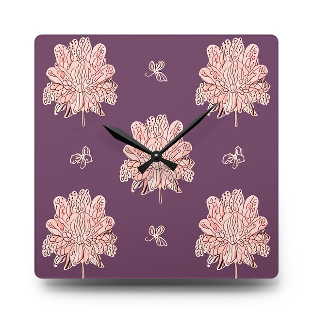 Pink Floral Butterflies Acrylic Wall Clock, Round or Square, 10.75" x 10.75"