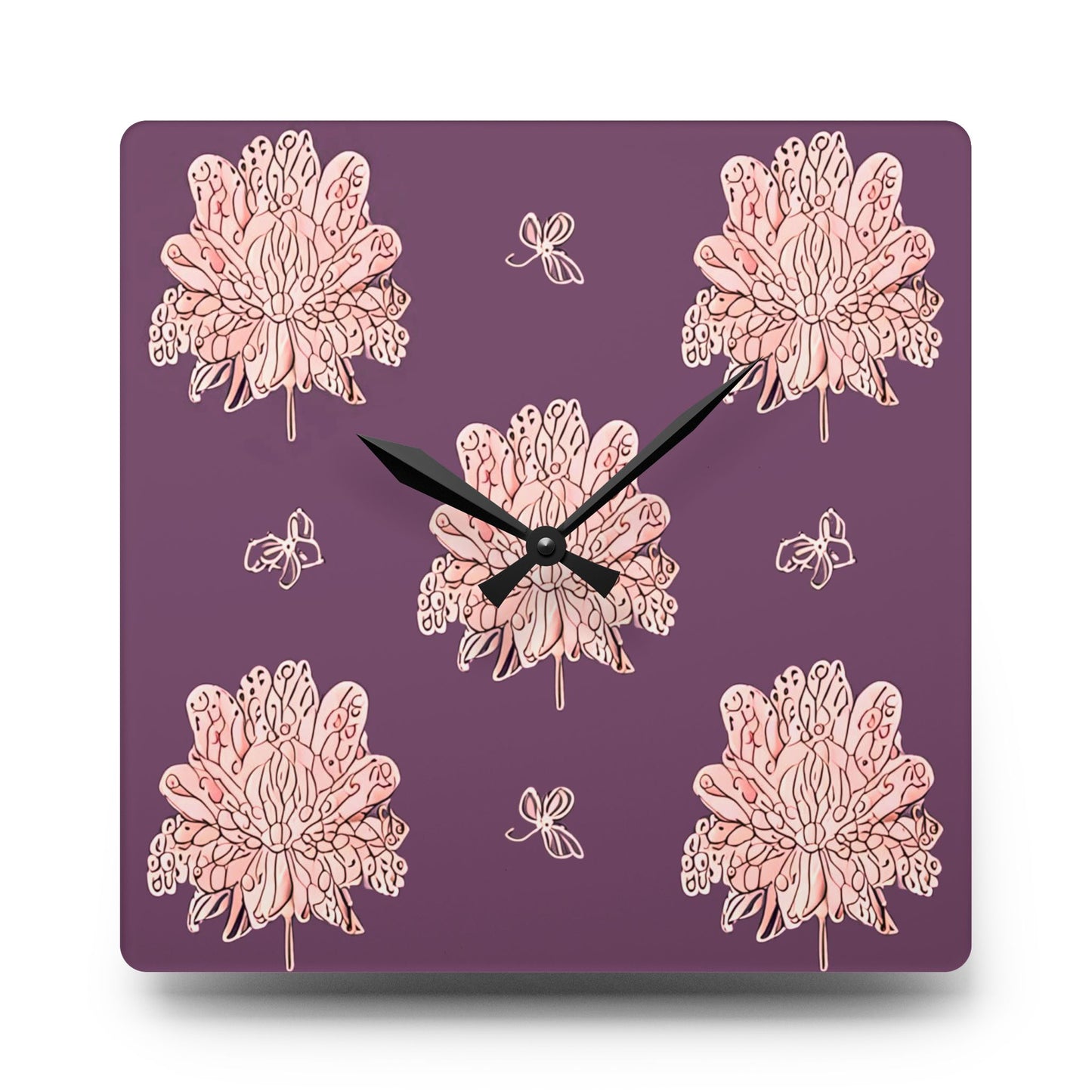 Pink Floral Butterflies Acrylic Wall Clock, Round or Square, 10.75" x 10.75"