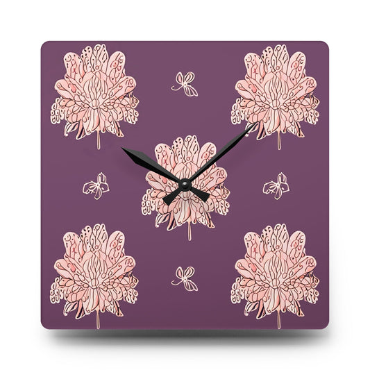 Pink Floral Butterflies Acrylic Wall Clock, Round or Square, 10.75" x 10.75"