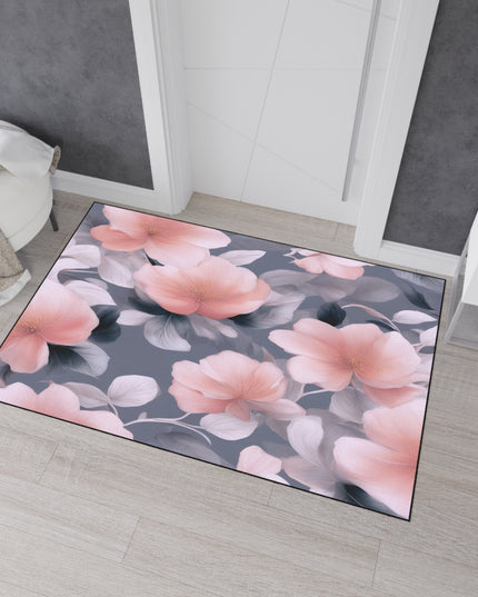 Peach and Blue Gray Floral Bunch Heavy Duty Floor Mat, 48" x 72"