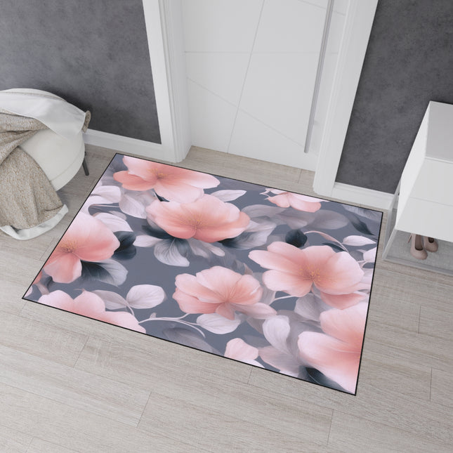 Peach and Blue Gray Floral Bunch Heavy Duty Floor Mat, 48" x 72"