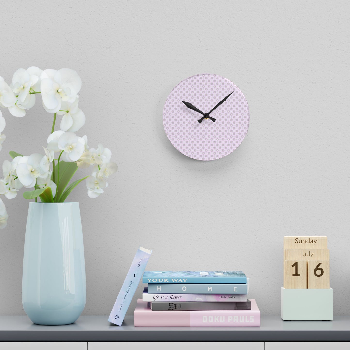 Pink Mornings Star-crossed Bodies Acrylic Round Wall Clock, 8" x 8"