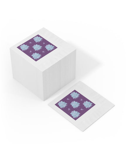 Blue Floral Butterflies White Coined Napkins, 4.8" x 4.8"