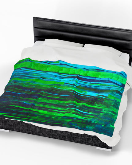 Striped Blue Green Velveteen Plush Blanket, 60" x 80"