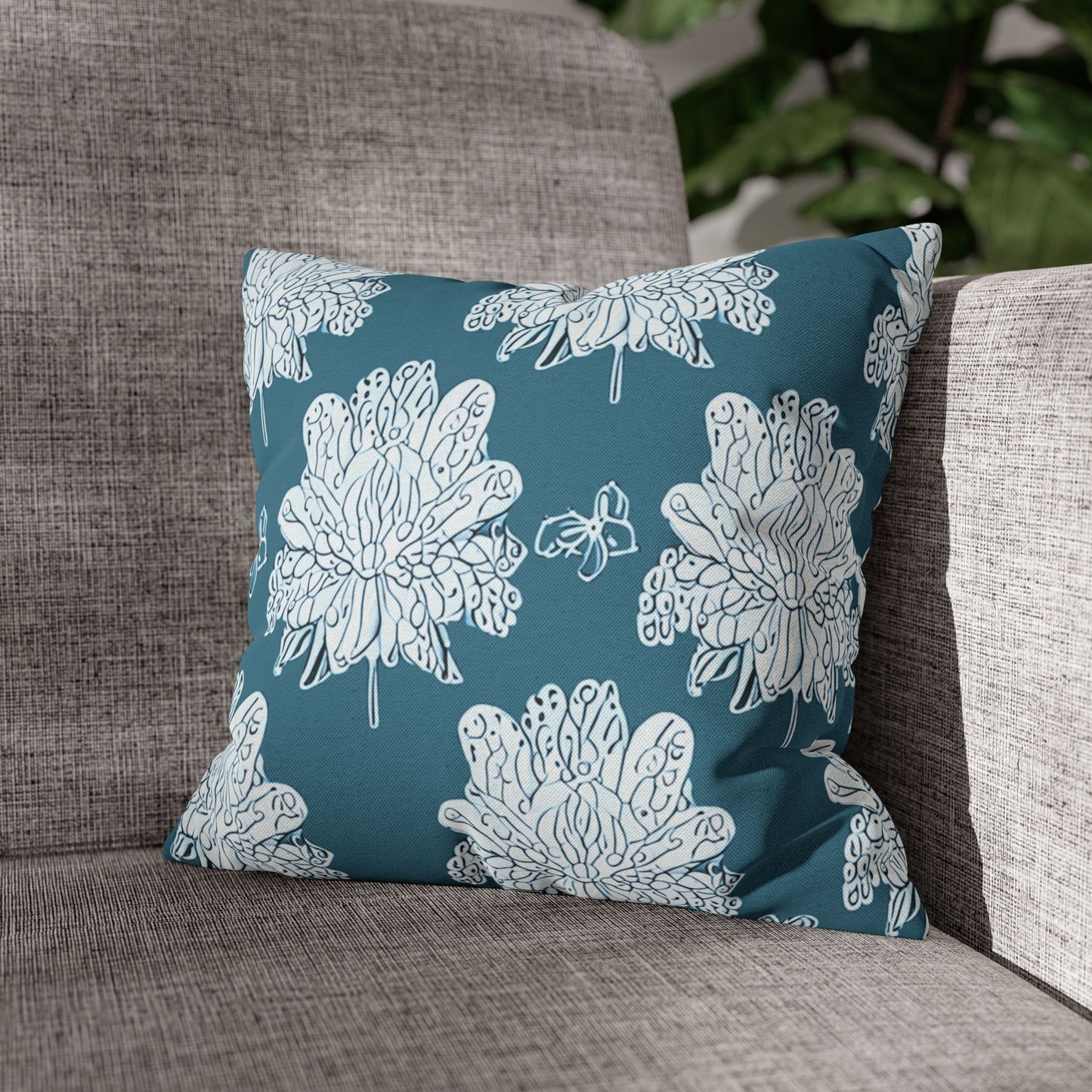 Tif Green White Floral Butterflies Spun Polyester Square Pillowcase, 14" x 14"