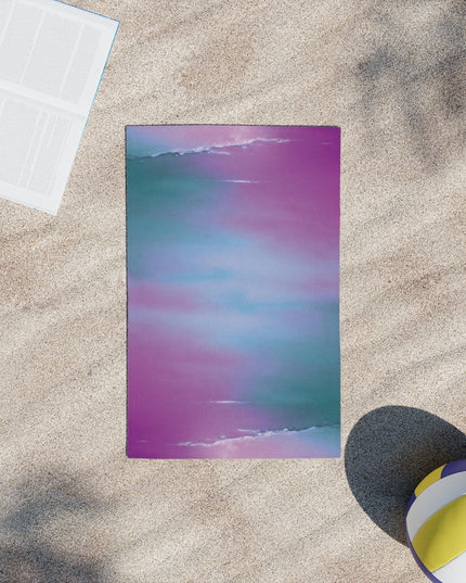 Dark Blue Green Sea Purple Fog Beach Towel, 18" x 27"