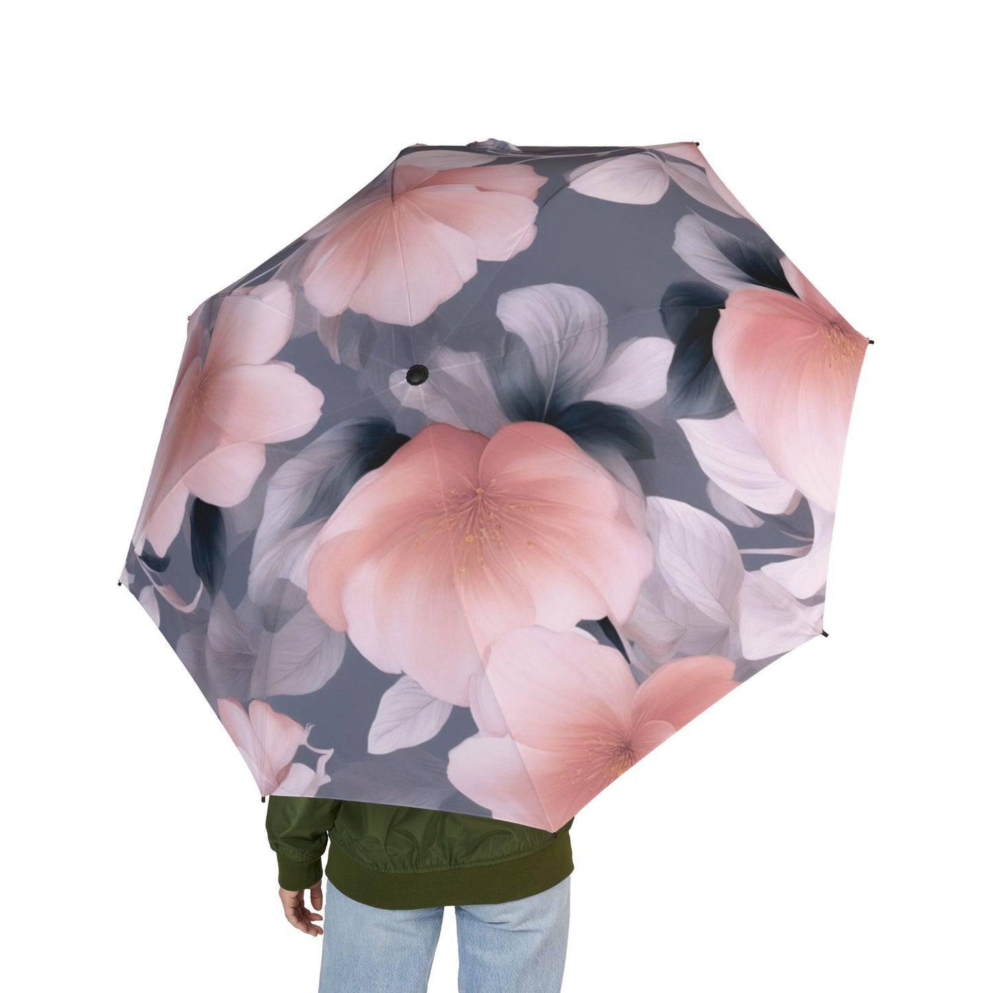Peach and Blue Gray Floral Bunch Foldable Umbrella - Compact & Chic
