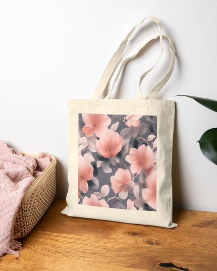 Peach and Blue Gray Floral Bunch Cotton Canvas Tote Bag