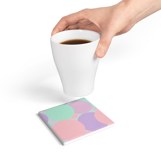 Pastel Peach and Soft Green Patches 4" x 4" Square Ceramic Coaster