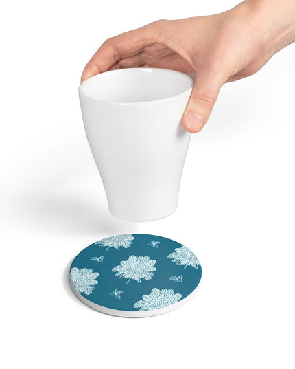 Tif Green White Floral Butterflies 4" x 4" Round Ceramic Coaster