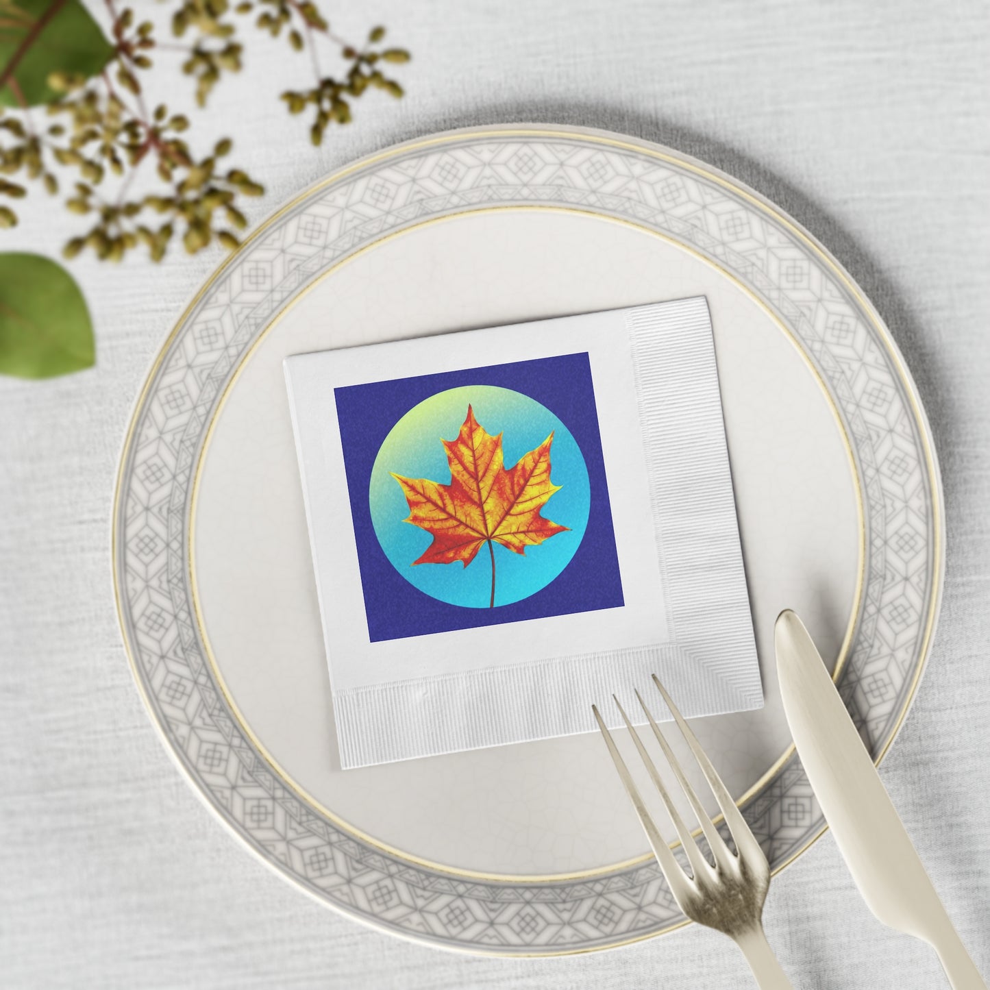 Alpha Maple Leaf White Coined Napkins, 4.8" x 4.8"