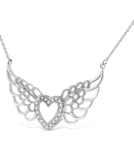 .925 Sterling Silver Pave-Set Diamond Accent Fairy Wing 18" Heart Pendant Necklace (I-J Color, I1-I2 Clarity)