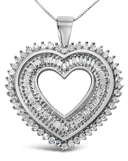 .925 Sterling Silver 1.0 Cttw Baguette and Round Diamond  Heart Pendant 18" Necklace (H-I Color, I3 Clarity)