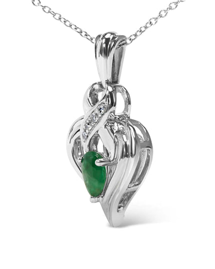 .925 Sterling Silver 6x4mm Pear Emerald and Diamond Accent Heart Pendant Necklace (H-I Color, SI1-SI2 Clarity) - 18 Inches