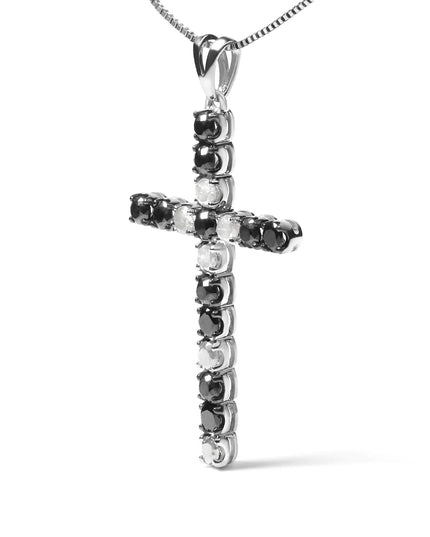 .925 Sterling Silver 2.0 Cttw Prong Set Round Natural Treated Black and White Diamond Cross Pendant Necklace - 18" (Black/H-I Color, I3 Clarity)