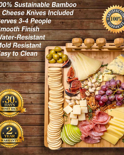 Bamboo Cheese Board Set - 14x11 Inch With 4 Knives - Wood Tray