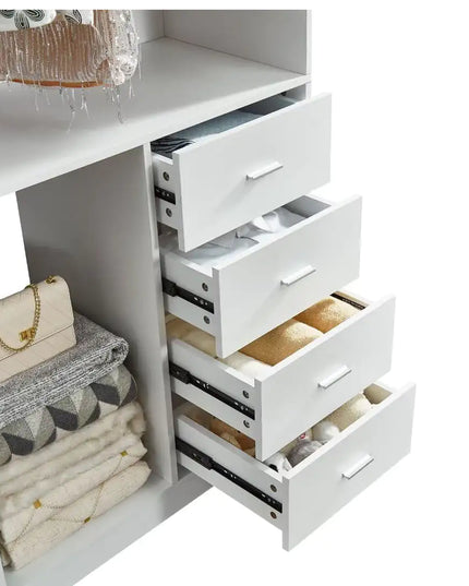 White Wooden Closet System – Standalone Wardrobe with 4 Drawers, Hanging Rod, 31.5"W × 15.7"D × 70.8"H