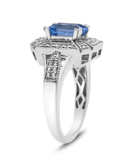 .925 Sterling Silver Diamond Accent and 8X6 mm Emerald-Shape Blue Topaz Ring (I-J Color, I2-I3 Clarity)