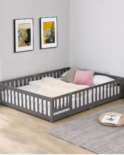 Solid Wood Full Size Platform Bed Frame With Door And Fence, Pine Wood