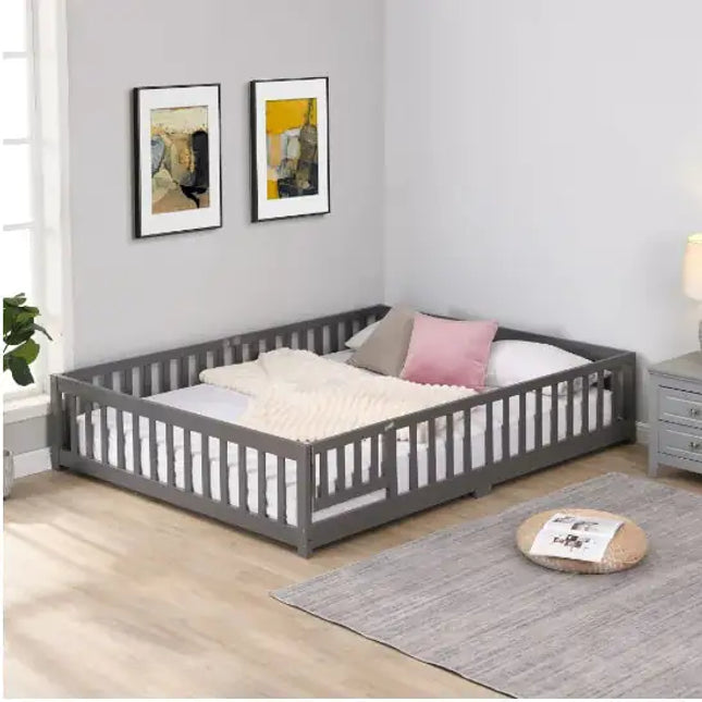 Solid Wood Full Size Platform Bed Frame With Door And Fence, Pine Wood