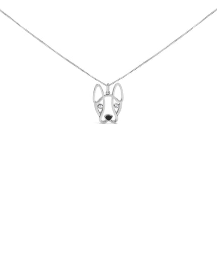 .925 Sterling Silver Diamond Accent and Black Enamel French Bullldog 18" Inch Pendant Necklace inch (I-J Color, I2-I3 Clarity)