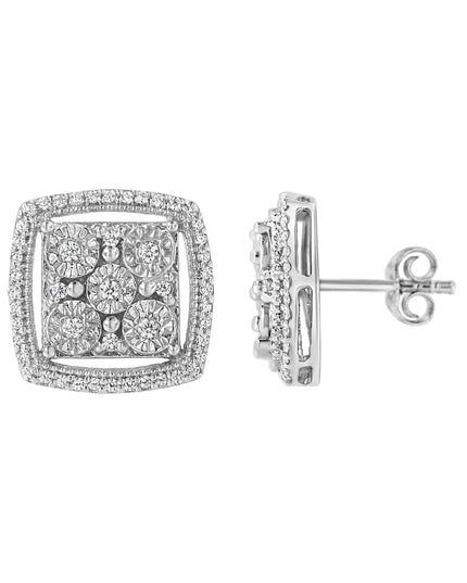 .925 Sterling Silver 3/8 Cttw Miracle Set Round Diamond Double Halo Cluster Earrings (I-J Color, I2-I3 Clarity)