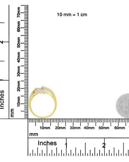 18K Yellow and White Gold Plated .925 Sterling Silver 3/8 Cttw Baguette and Round Diamond Bypass Triple Leaf Ring (I-J Color, I1-I2 Clarity)