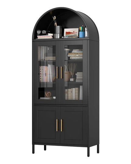 Black Metal Arched Storage Cabinet With Glass Doors, Modern Freestanding Pantry For Home Office
