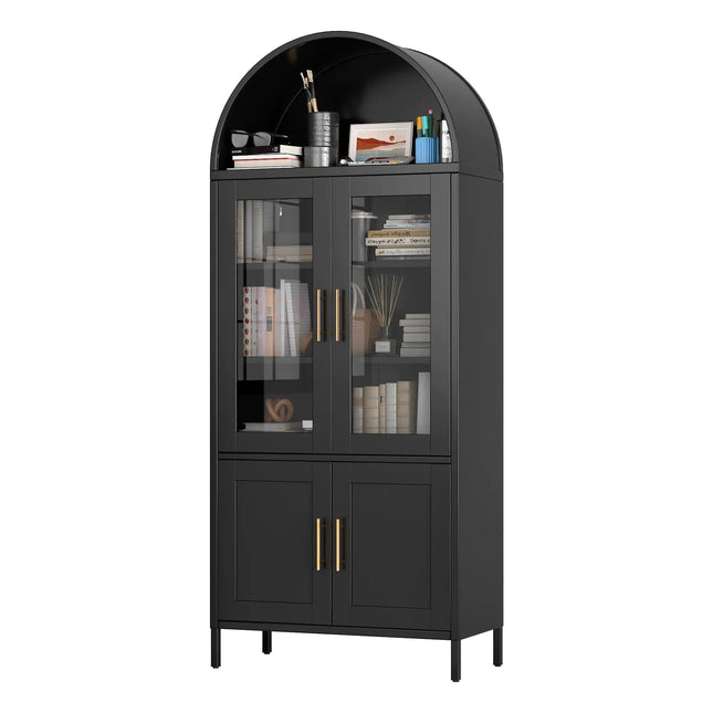 Black Metal Arched Storage Cabinet With Glass Doors, Modern Freestanding Pantry For Home Office