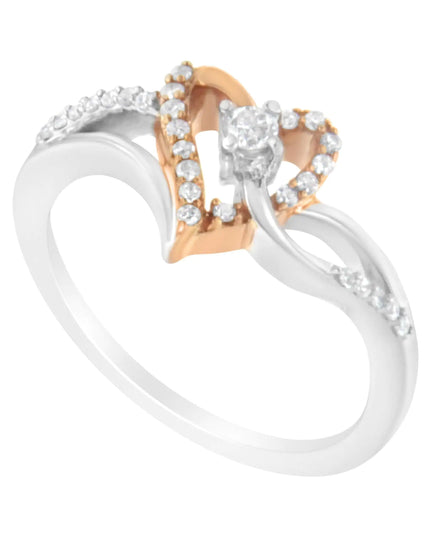 10K Rose Gold Plated .925 Sterling Silver 1/5 Cttw Diamond Two Tone Open Heart Promise or Fashion Ring (I-J Color, I2-I3 Clarity)