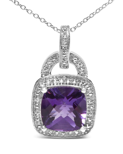 .925 Sterling Silver 10X10 MM Cushion Purple Amethyst and Diamond Accent Halo 18" Pendant Necklace (I-J Color, I1-I2 Clarity)