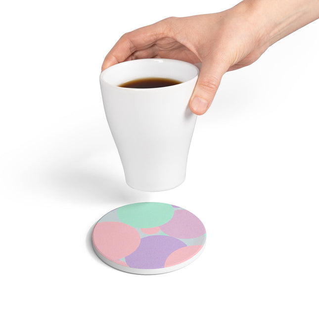 Pastel Peach and Soft Green Patches 4" x 4" Round Ceramic Coaster