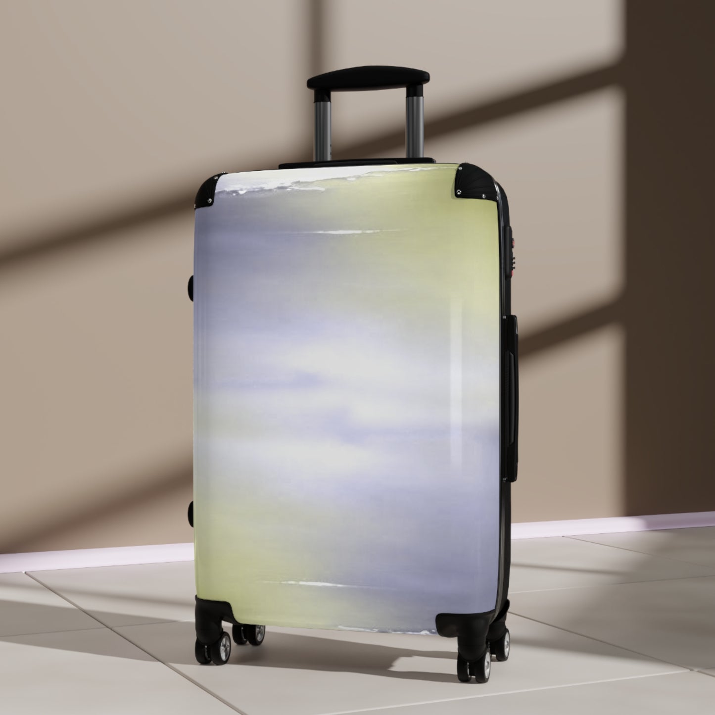 Lavender Sea Golden Fog Medium Suitcase with built in lock, 4 double-wheels, telescopic handle, and ABS back hard-shell