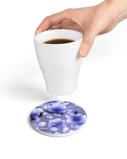 Indigo Blossom Floral Bunch Round Ceramic Coaster, 4" x 4"