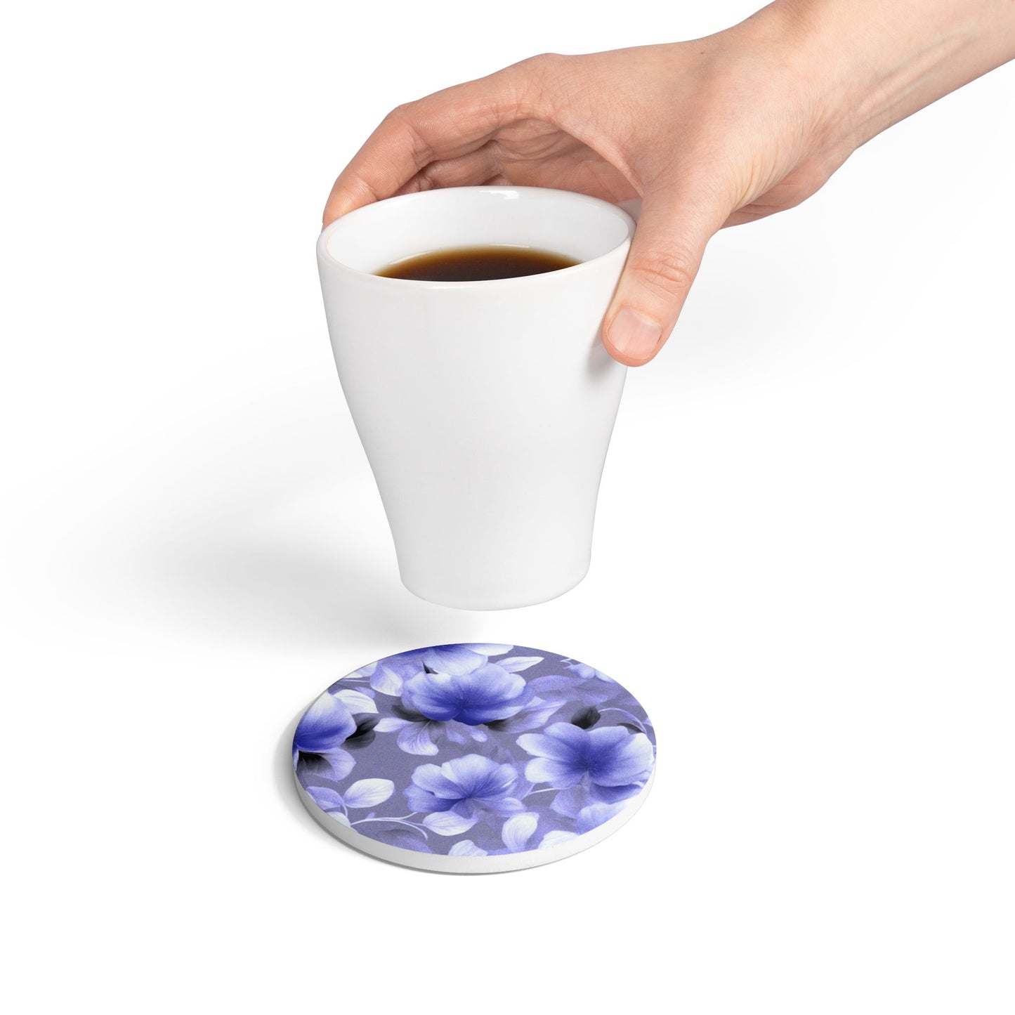 Indigo Blossom Floral Bunch Round Ceramic Coaster, 4" x 4"