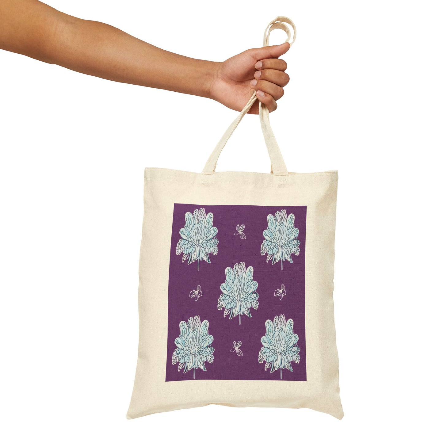 Blue Floral Butterflies Cotton Canvas Tote Bag