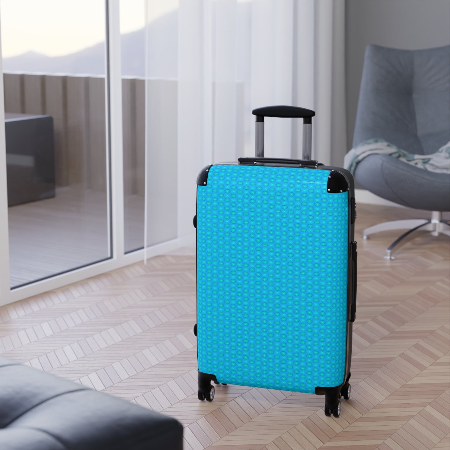 Light Blue Star-crossed Bodies Medium Suitcase with built in lock, 4 double-wheels, telescopic handle, and ABS back hard-shell